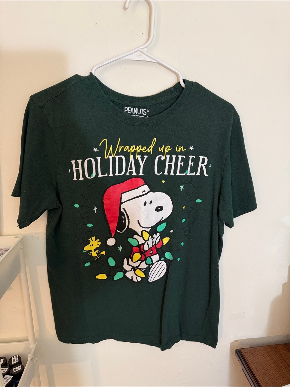 Peanuts Green Snoopy Holiday Cheer T-Shirt with Red Santa Hat